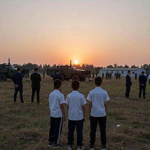 Group of People and Military Vehicles at Sunset