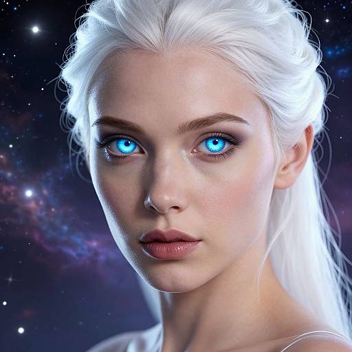 Digital portrait of a white-haired woman with glowing blue eyes, pale skin, and a serious expression, set against a starry galaxy background.
