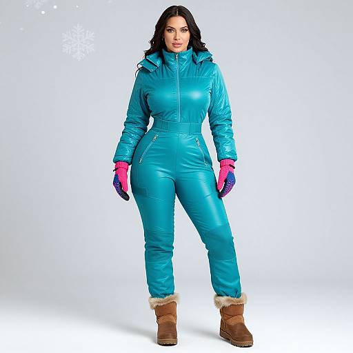 Photograph of a curvy woman with long dark hair, wearing a shiny turquoise winter suit, pink gloves, and brown fur-trimmed boots,