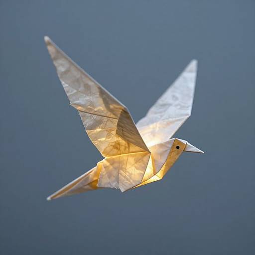 Photograph of a glowing paper airplane in mid-flight against a blurred blue background, illuminated from within, creating a warm, ethereal effect.