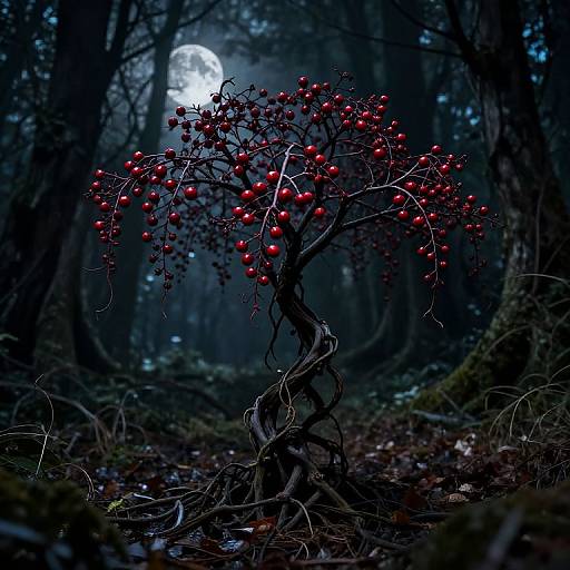 Photograph of a twisted, bare tree with vibrant red berries in a dark, mystical forest under a full moon.