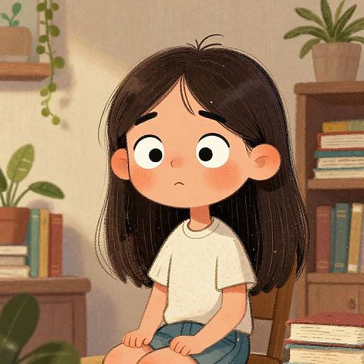 Digital cartoon of a wide-eyed, blushing girl with long black hair, white shirt, and blue jeans, sitting in a cozy, plant-filled room