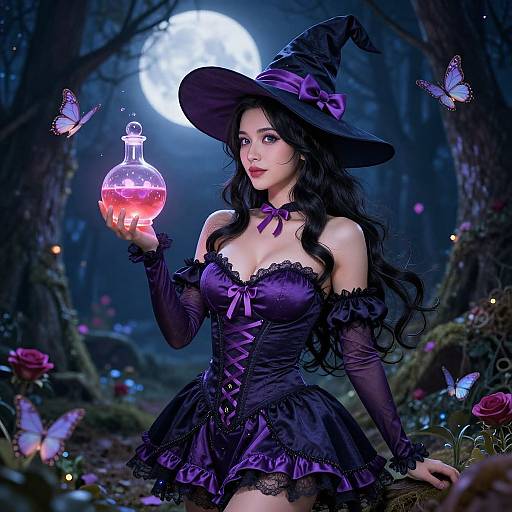 Digital artwork of a beautiful witch with long black hair, purple outfit, and hat, holding a glowing potion bottle, surrounded by butterflies in a moonlit