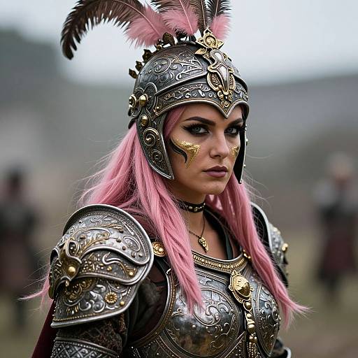 Photorealistic digital art of a pink-haired woman in ornate medieval armor with feathered helmet, gold face paint, and intricate metalwork.