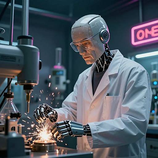 Photograph of a male robotic scientist in a white lab coat, welding sparks, wearing safety goggles, in a dimly lit lab with neon signs and
