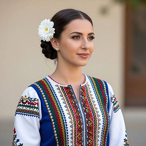 Photograph of a smiling woman with dark hair in a braid, wearing a colorful, embroidered traditional blouse, and a white flower in her hair,