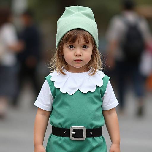 Photograph of a young girl with light brown hair, wearing a green elf costume with white collar, black belt, and green hat, standing in a