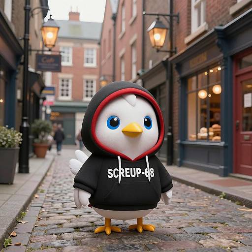 Anthropomorphic Bird Character in Hoodie on European Cobblestone Street