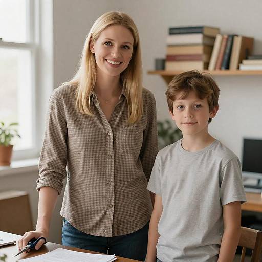 Smiling Blonde Woman Holding Scissors Beside Boy