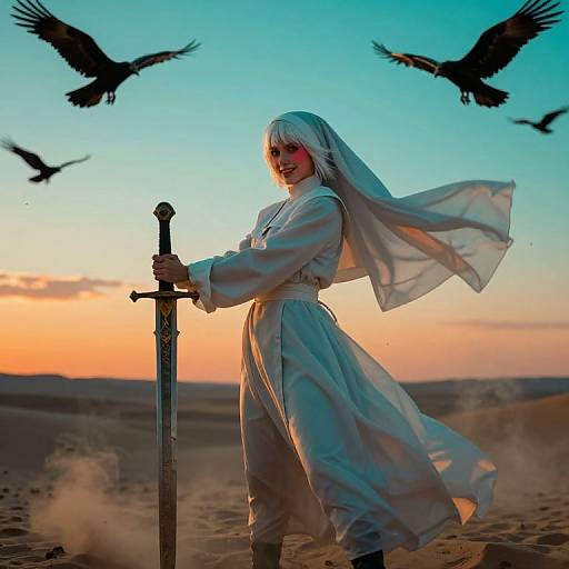 Photograph of a white-haired woman in a flowing white habit and veil, holding a sword at sunset, with black birds flying overhead, in a desert
