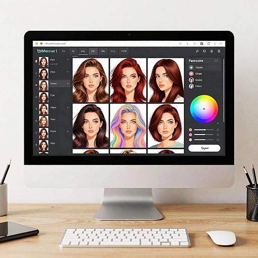 Photograph of a computer screen displaying a digital portrait software interface with eight diverse women's portraits, white keyboard, mouse, and pencil holder on a wooden