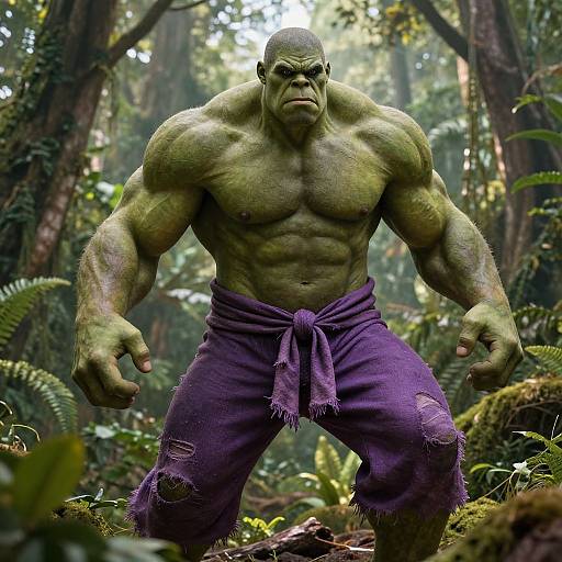 Photorealistic CGI of a muscular, green-skinned Hulk with bald head, wearing tattered purple pants, standing in a dense, sunlit forest