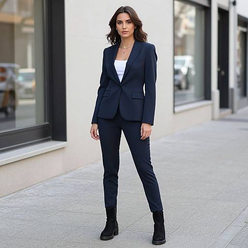 Photograph of a confident woman with wavy dark hair, wearing a black blazer, white top, black pants, and black ankle boots, standing