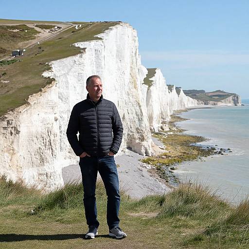 Photograph of a man in a black puffy jacket and jeans standing on a grassy cliffside overlooking white chalk cliffs and a blue sea under a
