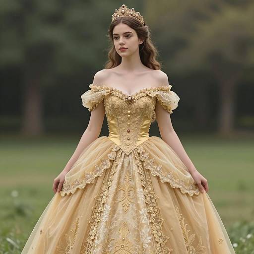 Young woman in regal golden princess dress