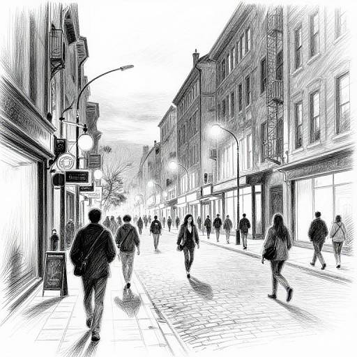 Black-and-white sketch of a bustling urban street, with pedestrians walking along brick-paved sidewalks between tall, historic buildings. Street lamps and storefront signs line