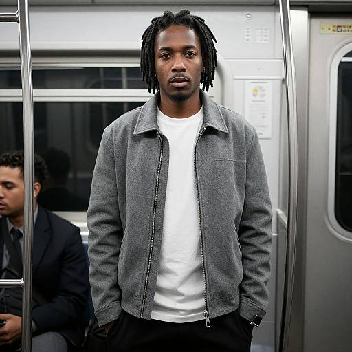 Photograph of a young Black man with dreadlocks, wearing a gray jacket and white shirt, standing in a subway car.