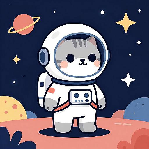Cute cartoon gray cat in white spacesuit standing on pink moon, surrounded by colorful planets, stars, and space background. Digital art.