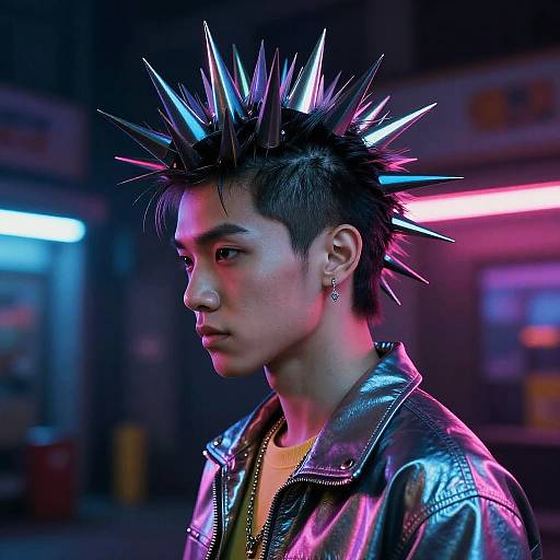 Photograph of an Asian man with spiky blue and purple hair, wearing a leather jacket, earrings, and a nose ring, in a neon-l