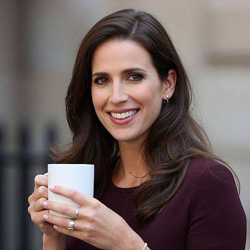 Photograph of a smiling woman with long dark brown hair, wearing a black top, holding a white card, and adorned with silver earrings and rings,