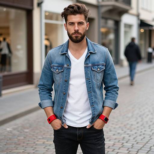 Photograph of a bearded, brown-haired man with a red wristband, wearing a denim jacket over a white t-shirt, standing on a cob