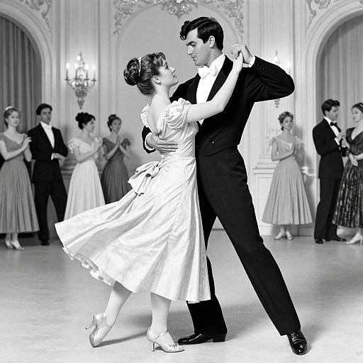 Black-and-white photograph of a ballroom dance; elegant couple in mid-dance, surrounded by formally dressed onlookers in ornate, luxurious room