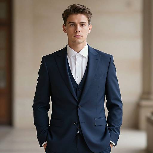 Photograph of a young, handsome man with short brown hair, wearing a dark navy suit, white shirt, and black tie, standing against a blurred