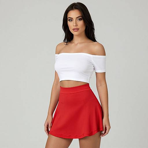 Photograph of a young woman with long black hair, wearing a white off-shoulder crop top and red high-waist mini skirt, standing