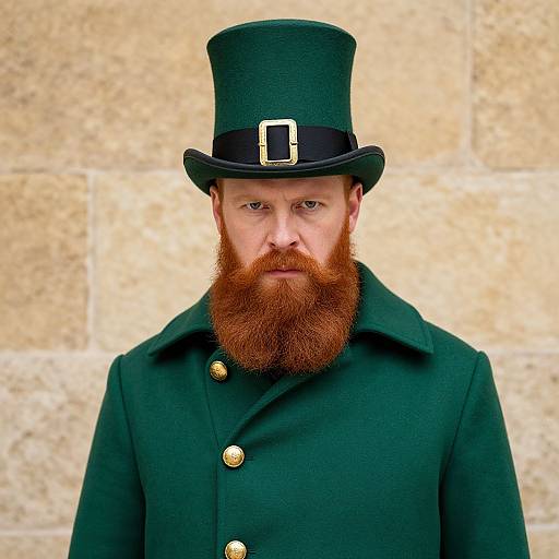 Photograph of a serious, red-bearded man in a dark green top hat and coat, with gold buttons, against a beige stone wall.
