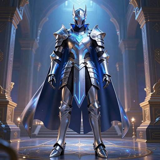 Digital artwork of a towering, blue-silver armored knight with a helmet, standing in a grand, illuminated cathedral, glowing with ethereal light.