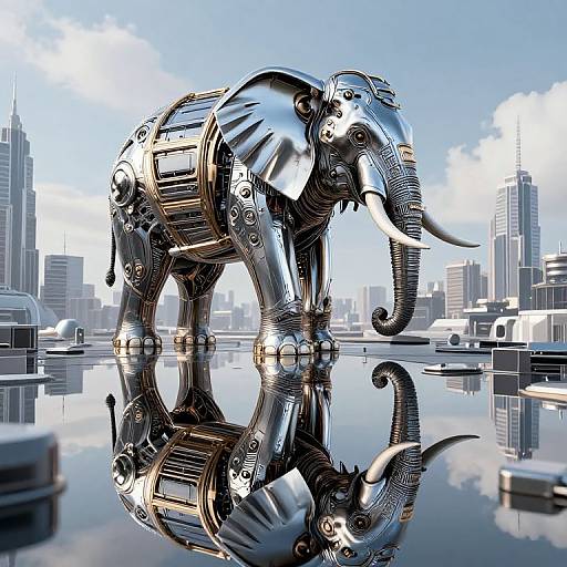 Photorealistic CGI of a metallic, steampunk-style elephant with mechanical gears and rivets, standing on a reflective water surface in a futuristic city