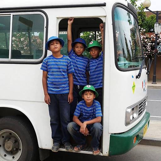 Three Boys Enjoying a Vintage Bus Ride