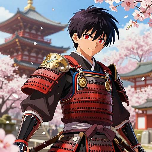 Anime-style drawing of a black-haired samurai with red eyes, wearing red and black armor, standing amidst cherry blossoms with a traditional Japanese temple in