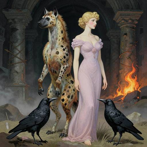 Ethereal Woman with Hyena and Ravens in Ancient Crypt