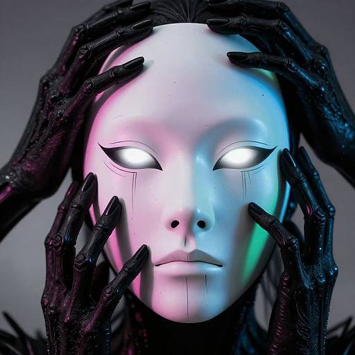 Digital art: A glowing white mask with eerie eyes, black robotic hands grasping it, neon light reflections, and a dark background.