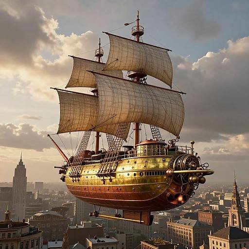 Photorealistic digital artwork of a golden-hulled, three-masted sailing ship with billowing white sails floating above a modern cityscape at sunset.
