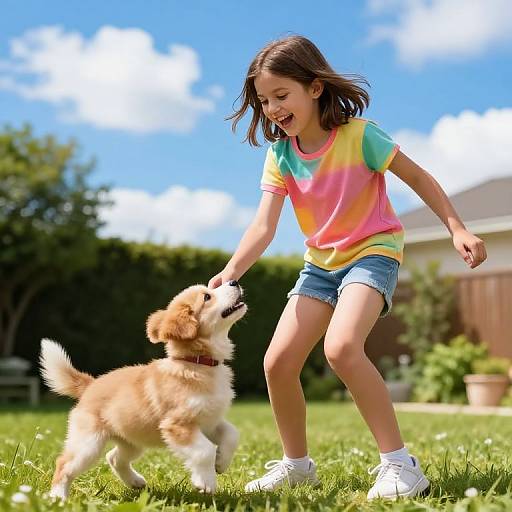Photograph of a smiling young girl in a colorful tie-dye shirt and denim shorts, playfully petting a golden retriever on a sunny,