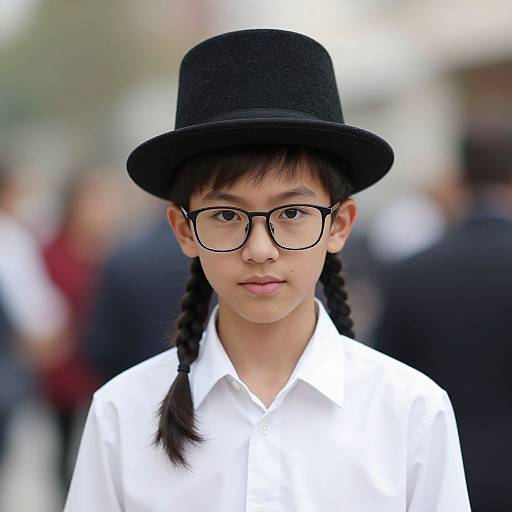 Photograph of an Asian girl with black glasses, black hat, and white shirt, standing outdoors with blurred background, braided hair.