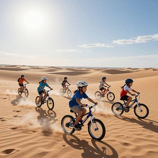 Photograph of six children in helmets riding mountain bikes across sandy desert dunes under a bright blue sky with scattered clouds.