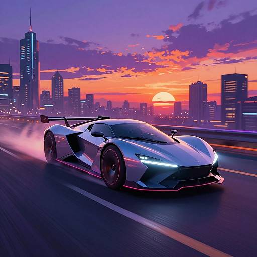 Photorealistic digital artwork of a sleek, white, futuristic sports car speeding on a highway at sunset, with a vibrant purple and orange city skyline in