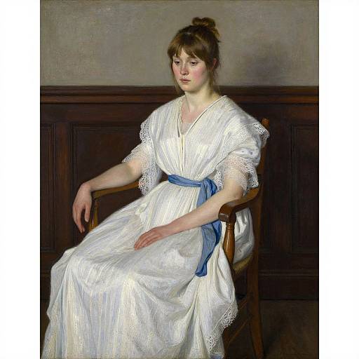 Painting of a young woman with light skin and brown hair in an updo, wearing a white dress with blue sash, seated on a wooden