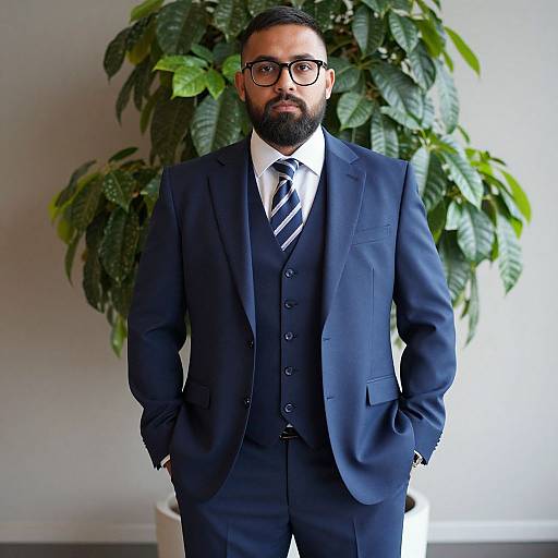 Photograph of a bearded man with dark skin and glasses, wearing a dark blue three-piece suit, striped tie, and white shirt, standing in