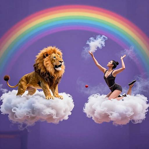 Digital art: A lion with a golden mane on a cloud faces a dancing woman in a black leotard with smoke, under a vibrant rainbow against