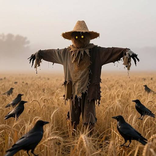 Photograph of a scarecrow with tattered clothes, straw hat, glowing yellow eyes, standing in a golden wheat field surrounded by black crows.