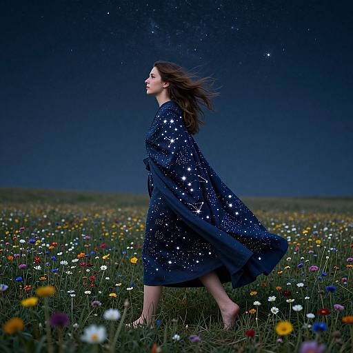 Photograph of a barefoot woman in a sparkling blue dress, walking through a starry night field of colorful wildflowers.