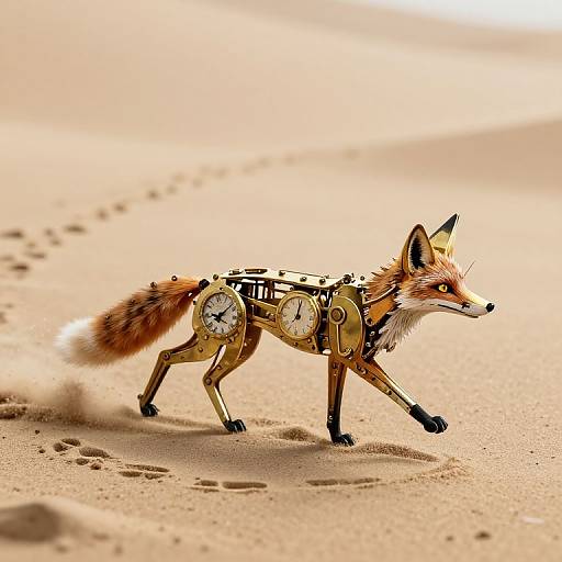 Digital artwork of a clockwork fox, with mechanical gears and cogs integrated into its body, walking on a sandy beach.