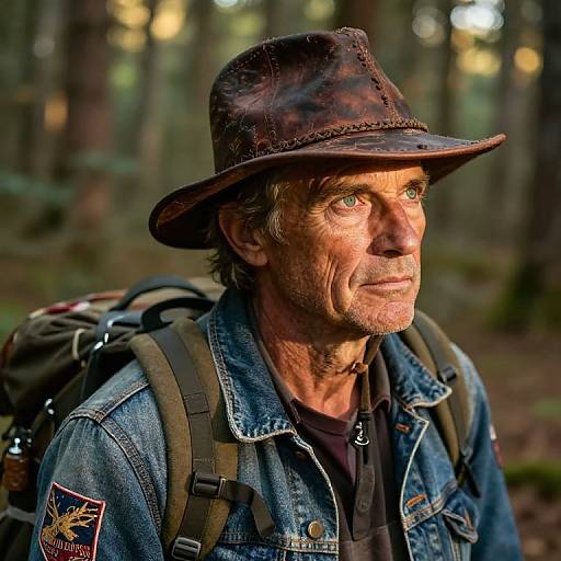 Photograph of a rugged, middle-aged man with sun-weathered skin, wearing a worn brown hat, denim jacket, and backpack, gazing