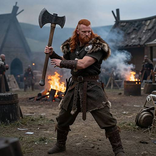 Photograph of a muscular, red-bearded Viking warrior with fur-trimmed armor, wielding an axe, standing in a smoky, medieval village