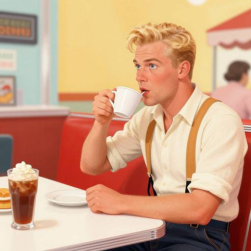 Photorealistic digital artwork of a blonde, blue-eyed man in a white shirt with brown suspenders, sipping from a white cup, sitting at