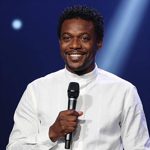 Warm-Smiling Man with Microphone in Stars